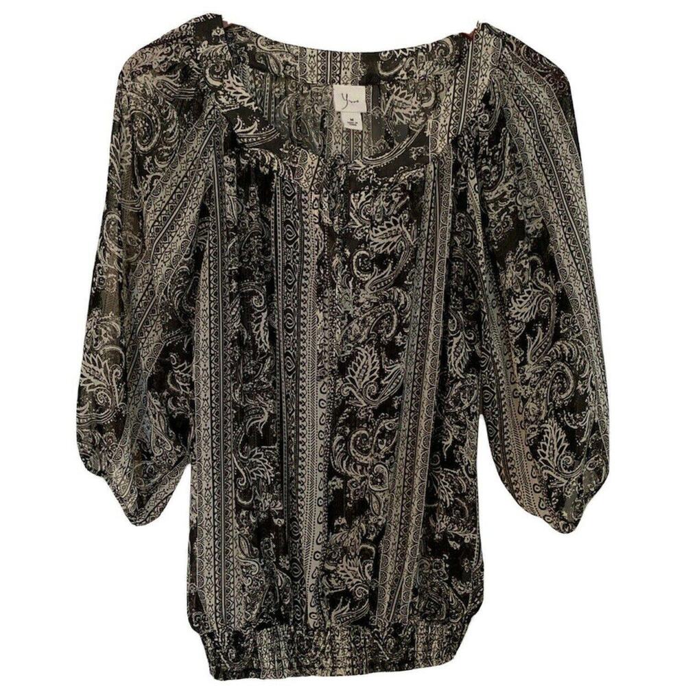 YVOS black And Off White sheer peasant 3/4 Sleeve Gathered Bottom Blouse M
